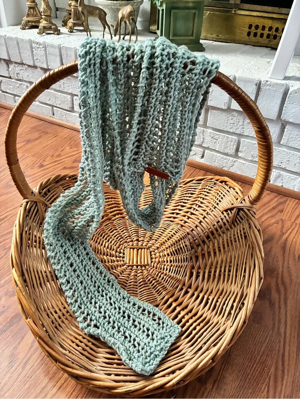 Light Sage openwork Knit Scarf - handmade vegan leather tag